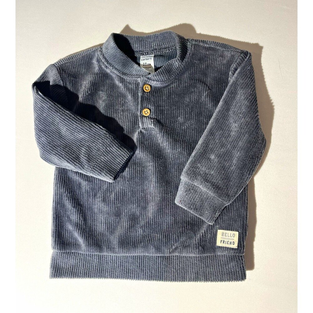 Carter's 12-18M Gray Corduroy Henley Long Sleeve Shirt Hello Friend